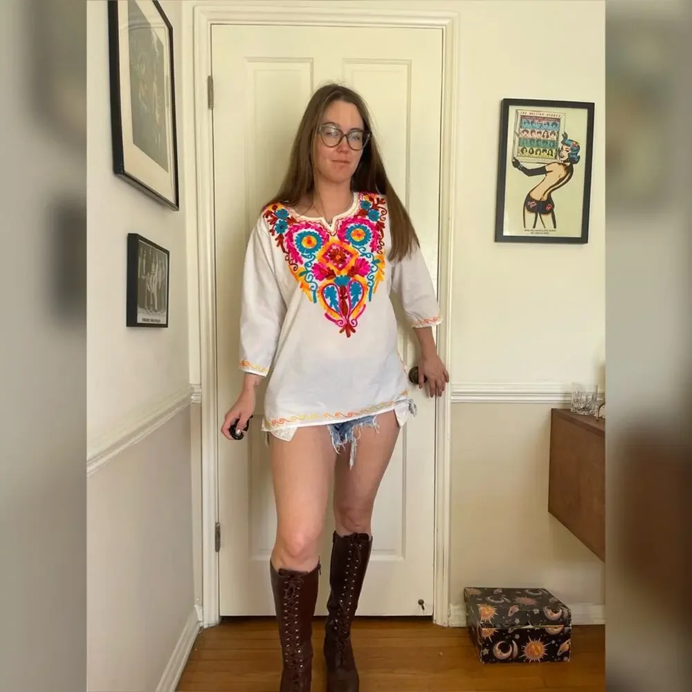 Vintage Mexican Embroidered Long Sleeve Tunic - Picture 1 of 7